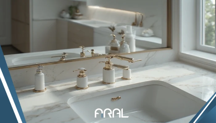 حمام و آشپزخانه مدرن و مینیمال با شیرآلات کاملاً سفید، برخی با جزئیات طلایی، نمایش پاکیزگی، آرامش و ظرافت